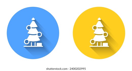 White Christmas tree with decorations icon isolated with long shadow background. Merry Christmas and Happy New Year. Circle button. Vector