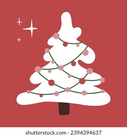 White Christmas tree with decorations on red background for poster, card and more designs of winter holidays. Isolated vector flat illustration.