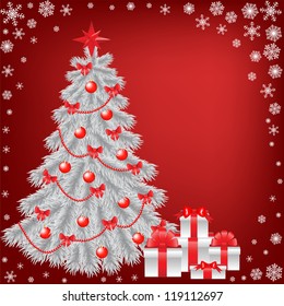 White christmas tree with gift on red background with snowflakes