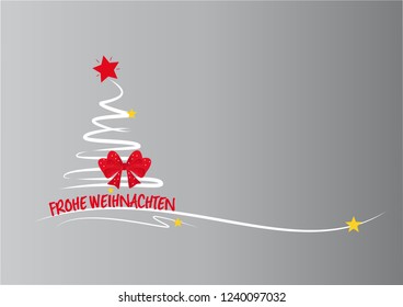 white christmas tree with golden stars and   loop ribbon and german slogen frohe weihnachten means merry christmas, grey background