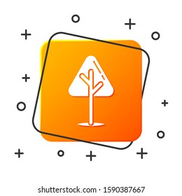 White Christmas tree icon isolated on white background. Merry Christmas and Happy New Year. Orange square button. Vector Illustration