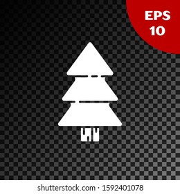 White Christmas tree icon isolated on transparent dark background. Merry Christmas and Happy New Year.  Vector Illustration