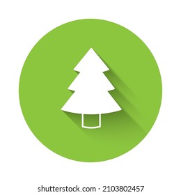 White Christmas tree icon isolated with long shadow background. Merry Christmas and Happy New Year. Green circle button. Vector