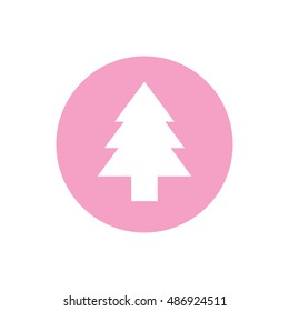 White Christmas tree icon vector illustration. Pink button. Pink circle