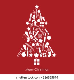 white christmas tree made of festive icons on red background