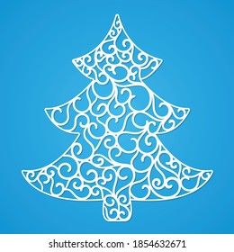 White Christmas tree on a blue background. Design elements for holiday cards.