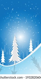 White christmas tree on blue shadow vertical background. Winter background tree and sky.