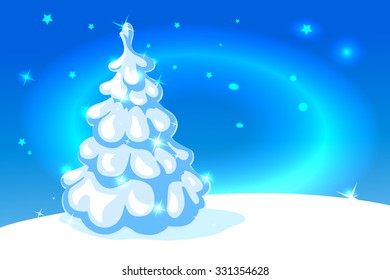 white christmas tree on blue shining background - vector illustration