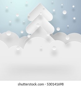 White christmas tree on the blue background with snowdrifts, paper cut out art style