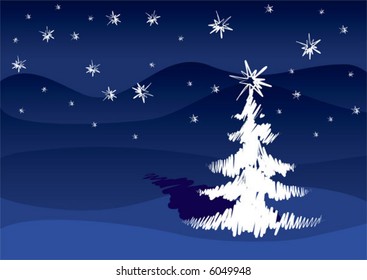 White Christmas Tree on a blue holiday card