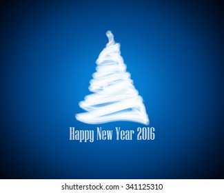 White Christmas tree on dark blue background with words New Year