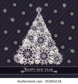White Christmas tree on dark purple background. Greeting card. Happy New Year.