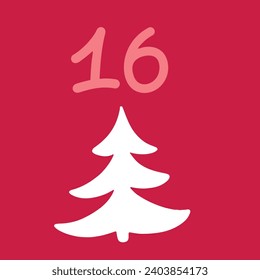 White Christmas tree on pink background. Christmas advent calendar in the style of minimalism, flat lay. Day 16