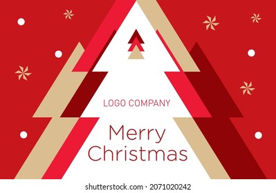 White Christmas tree on a red background. Christmas greeting banner or card. New Year's design template with a window for text. Vector flat. Horizontal format