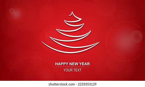 White Christmas tree on a red background. Christmas greeting banner or card. New Years design template with a window for text. Vector