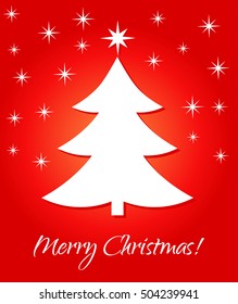 White Christmas tree on red background. Vector illustration greeting card