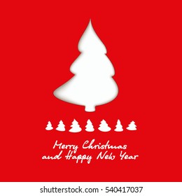 White Christmas tree on red background. Origami paper cut silhouette of a tree. Template for greeting card for New Year's greetings.