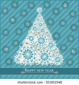 White Christmas tree on a turquoise background. Greeting card. Happy New Year.