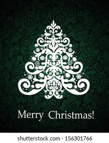 White Christmas tree on vintage wallpaper pattern background.
