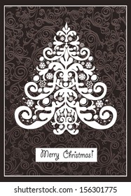 White Christmas tree on vintage wallpaper pattern background.
