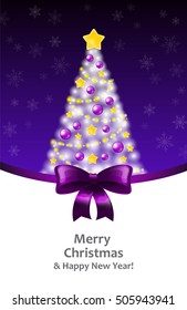 White Christmas tree on a violet background with ribbon