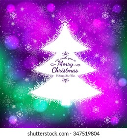White Christmas tree. Postcard with the texture of snow. Sample new year cards, invitation or poster. Vector.