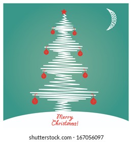 White Christmas tree with red balls, text-Merry Christmas
