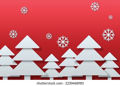 White christmas tree with snow flakes on red background. Design with paper style. Vector illustration design.