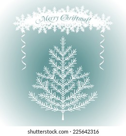 White Christmas tree with snowflakes on blue background