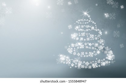 Árbol de Navidad blanco y guirnaldas de luces espumosas y fondo de copos de nieve en caída. Vector de ilustración