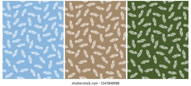 White Christmas Tree Sprigs Isolated on a Blue, Brown and Green Background. White Spruce Twigs Seamless Vector Patterns Ideal for Fabric, Wrapping Paper, Layout, Christmas Decoration.