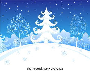White Christmas tree stands in the winter night with stylized wood and frosted with ice trees