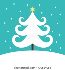 White Christmas tree with star in winter scenery. Vector illustration