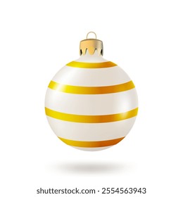 White Christmas tree toy or Christmas ball with golden stripes, holiday decoration, realistic vector.