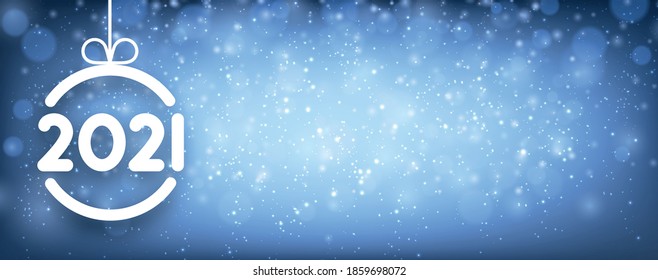 White christmas tree toy silhouette with 2021 sign hanging on ribbon. Blue gradient background with shining lights confetti. Some space for your text. Vector holiday illustration.