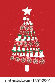 White christmas tree with toys on red background