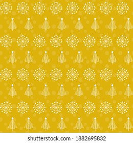 White Christmas trees, dots and snowflakes on a gold background, transparency. Seamless vector illustration for surface, packaging