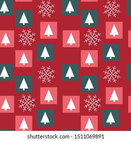 White Christmas trees and Hand drawing snowflakes red background, colored squares, Christmas colors . Vector seamless pattern.
