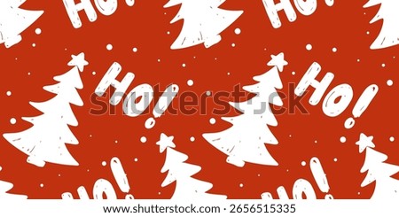 White Christmas trees and Ho on red background seamless pattern. Vector illustration
