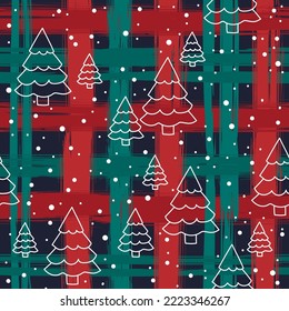 White Christmas trees on a background of a checkered pattern in red and green check. Abstract Christmas checkered pattern of brush strokes. Seamless pattern. Suitable for wrapping paper and textiles.