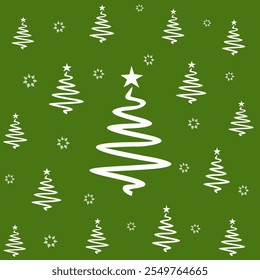 White Christmas trees on a green background. Winter New Year background, texture