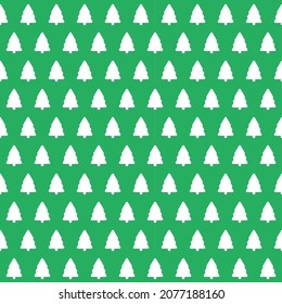 White Christmas trees pattern on green background. Pattern of trees on green backdrop.
