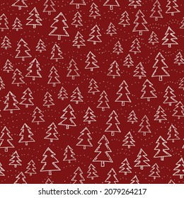 Árboles de Navidad con fondo rojo sin costuras. Nieve y bosque Feliz Invernal diseño. Diseño de fondo en mosaico de la bifurcación Fir Tree