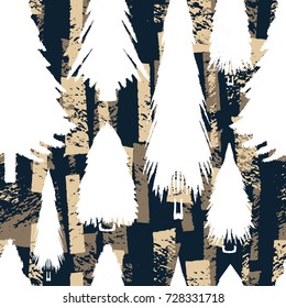 White Christmas trees seamless pattern. Hand drawn background in earthy colors.