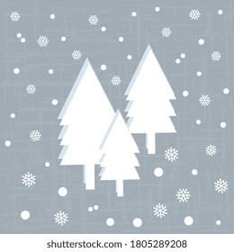 White Christmas trees with shadow reflection, snowflakes and snowfall on a white background, artistic, with old vintage texture. Vector illustration of a holiday card.