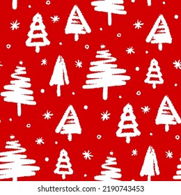 White Christmas trees and snowflakes isolated on red background. Cute monochrome Christmas seamless pattern. Vector simple flat graphic hand drawn illustration. Texture.