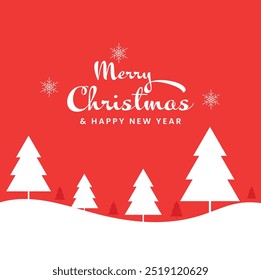 White Christmas Trees and Snowflakes on Red Background - Merry Christmas and Happy New Year Greeting
