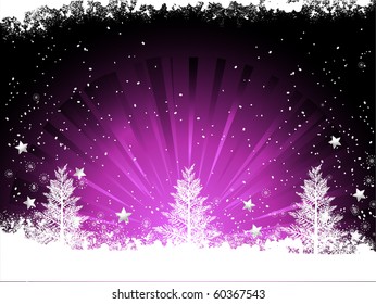 White Christmas trees and snowflakes on a puprle background