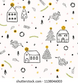 White Christmas Village Church House Vector Pattern, Hand Drawn Seamless Festive Backdrop Illustration for Holidays Fashion Prints, Stationery, Xmas Decor, Gift Wrapping and Seasonal Web Backgrounds