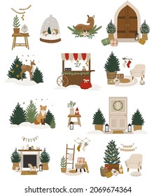 White Christmas winter scenes and landscapes vector illustrations for poster, card, banner design. Pre made winter holidays scene